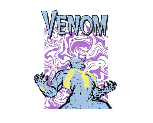 Venom-Illustration mit muskulöser Figur und psychedelischem Hintergrund