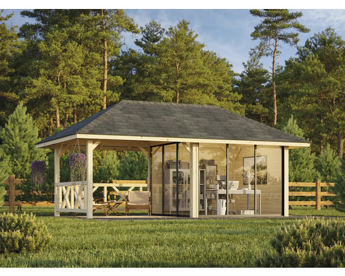 Pavillon de jardin avec murs en bois, façade en verre et toit monopente dans le jardin