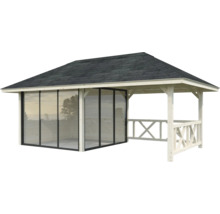 Pavillon en bois avec partie latérale fermée et toit à deux pans