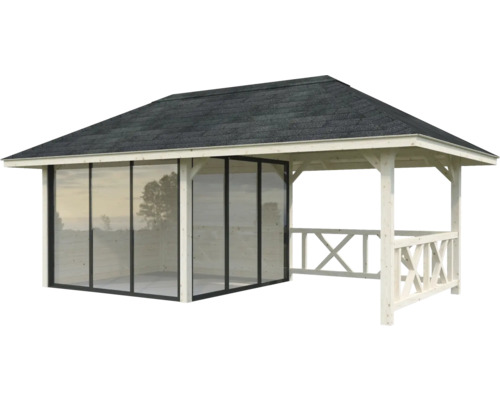 Pavillon en bois avec partie latérale fermée et toit à deux pans