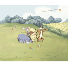 Illustration de Winnie l''ourson, Porcinet, Tigrou et Bourriquet dans une prairie avec un cerf-volant dans le ciel.