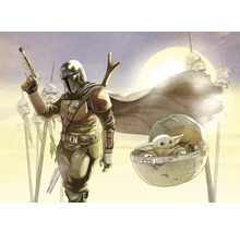Illustration du Mandalorien et de Grogu avec des casques de Stormtrooper en arrière-plan