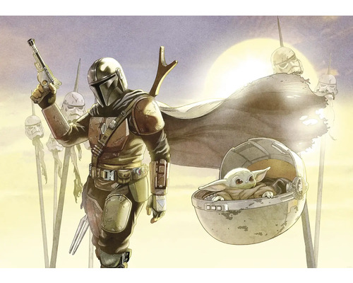 Illustration du Mandalorien et de Grogu avec des casques de Stormtrooper en arrière-plan