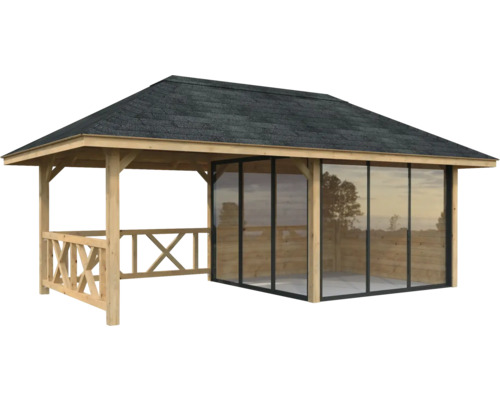 Pavillon de jardin en bois avec parois en verre et toit pointu