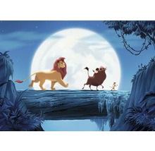 Image de dessin animé avec un lion, un phacochère et un suricate devant une pleine lune.
