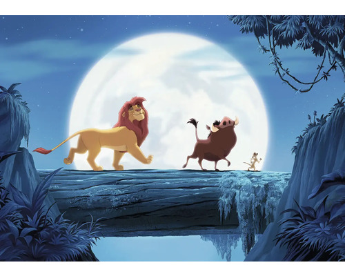Papier peint panoramique intissé DX7-196 Disney Lion King Full Moon Wa 7 pces 250 x 350 cm Image de dessin animé avec un lion, un phacochère et un suricate devant une pleine lune.
