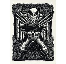 Illustration von Wolverine mit Klingen vor Waldkulisse