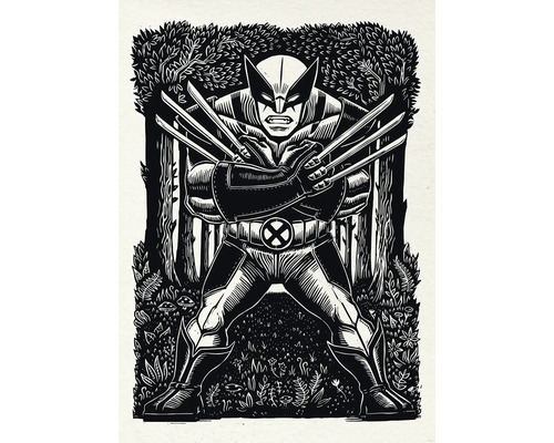 Poster Marvel Wolverine Lino-Cut 50x70 cm Illustration von Wolverine mit Klingen vor Waldkulisse