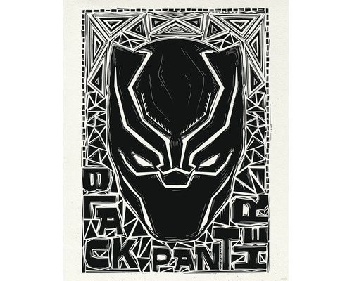 Poster Marvel Black Panther Lino-Cut Helmet 40x50 cm Illustration der Maske von Black Panther mit geometrischem Muster
