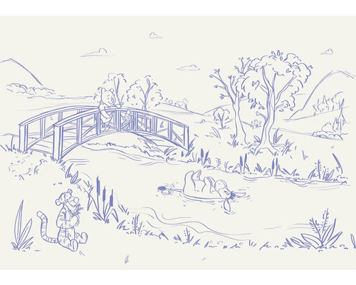 Papier peint panoramique intissé DX7-235 Disney Winnie Pooh Blue Ink 7 pces 250 x 350 cm Illustration avec Winnie l''ourson, Porcinet, Bourriquet et Tigrou dans un environnement naturel avec des arbres, des collines et une rivière