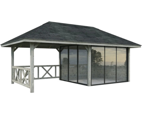 Gartenpavillon mit Holzbalken, Holzzaun und Glaswänden