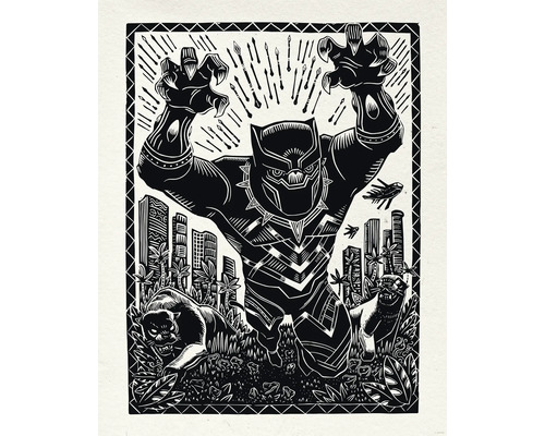 Schwarz-Weiß-Illustration von Black Panther vor dem Hintergrund von Gebäuden, Pflanzen und zwei Panthern