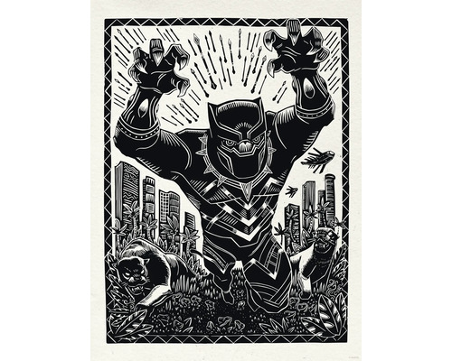 Poster Marvel Black Panther Lino-Cut Charge 30x40 cm Illustration von Black Panther mit Stadtbild und Panthern