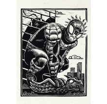 Schwarz-Weiß-Illustration von Spider-Man vor einer Stadtkulisse