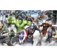 Illustration des Avengers avec Hulk, Captain America, Iron Man, Thor, Black Widow, Hawkeye, Black Panther, Vision, War Machine, Ant-Man et Falcon devant des gratte-ciel