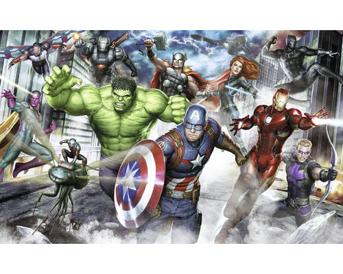 Papier peint panoramique intissé DX8-173 Marvel Avengers Assemble 8 pces 250 x 400 cm Illustration des Avengers avec Hulk, Captain America, Iron Man, Thor, Black Widow, Hawkeye, Black Panther, Vision, War Machine, Ant-Man et Falcon devant des gratte-ciel