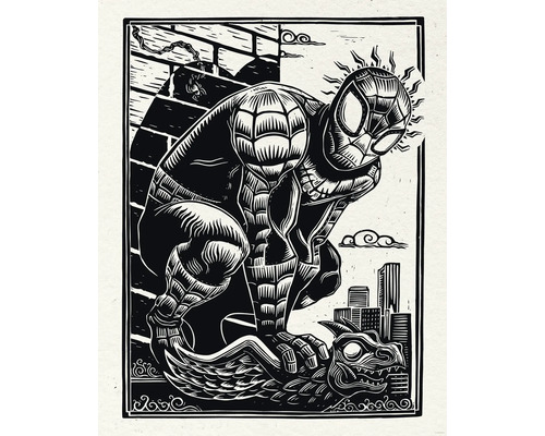 Poster Marvel Spider-Man Lino-Cut 40x50 cm Illustration von Spider-Man auf einem Drachen vor einer Stadtkulisse