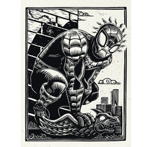 Illustration von Spider-Man auf einer Gargoyle-Statue vor einer Skyline
