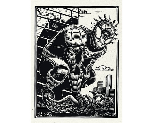 Illustration von Spider-Man auf einer Gargoyle-Statue vor einer Skyline