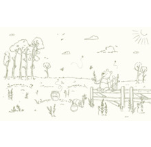 Illustration von Winnie Puuh und Ferkel in einer Landschaft mit Bäumen und Honigtöpfen