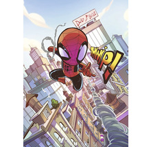 Comic-Illustration von Spider-Man, der sich durch eine Stadt schwingt, mit dem Daily Bugle Gebäude im Hintergrund