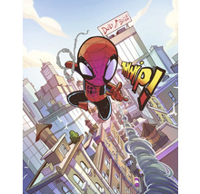 Illustration von Spider-Man, der durch eine Cartoon-Stadt schwingt, mit dem Daily Bugle Gebäude im Hintergrund
