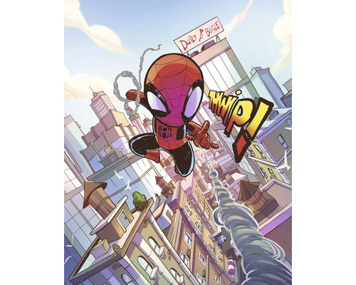 Illustration von Spider-Man, der durch eine Cartoon-Stadt schwingt, mit dem Daily Bugle Gebäude im Hintergrund
