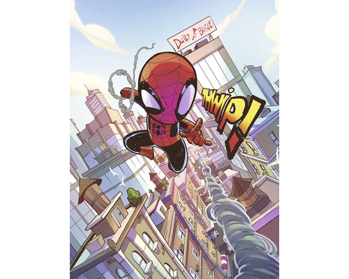 Poster Marvel Spider-Man THWIP 30x40 cm Illustration von Spiderman, der sich mit einem Netz durch eine Stadt schwingt