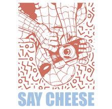 Spider-Man mit Kamera, Text: Say Cheese