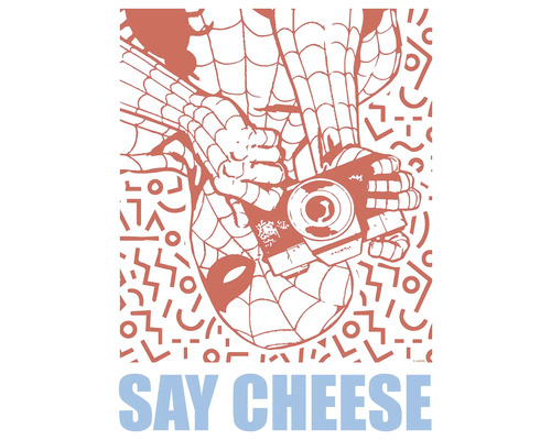 Illustration von Spider-Man, der eine Kamera hält, mit dem Text Sag Käse