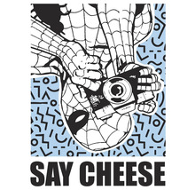 Illustration von Spider-Man, der eine Kamera hält und das Wort Say Cheese