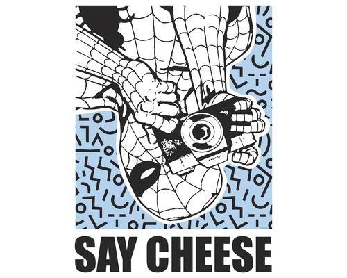 Poster Marvel Spider-Man Say Cheese Blue 30x40 cm Illustration von Spider-Man, der eine Kamera hält und das Wort Say Cheese