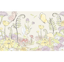 Illustration d''un paysage de conte de fées avec une elfe, des fleurs et des papillons