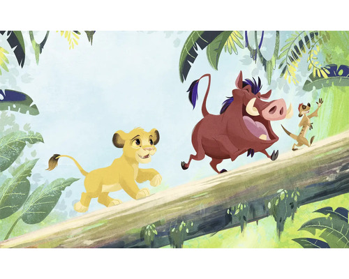 Papier peint panoramique intissé DX8-221 Disney Lion King Classic Jung 8 pces 250 x 400 cm Illustration de Simba, Pumbaa et Timon du Roi Lion courant sur un tronc d''arbre.
