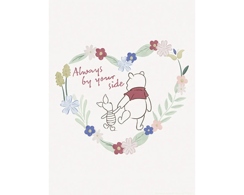 Illustration mit Winnie Puuh und Ferkel im Blumenherz mit dem Text Always by your side