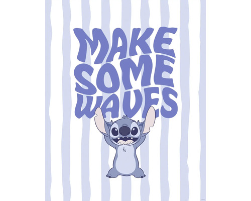 Illustration von Stitch mit dem Schriftzug ''Make Some Waves'' vor gestreiftem Hintergrund.