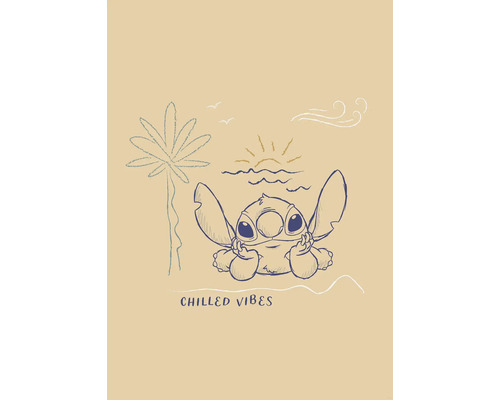 Poster Disney Lilo and Stitch Chilled Vibes 40x50 cm Illustration von Stitch am Strand mit dem Schriftzug Chilled Vibes
