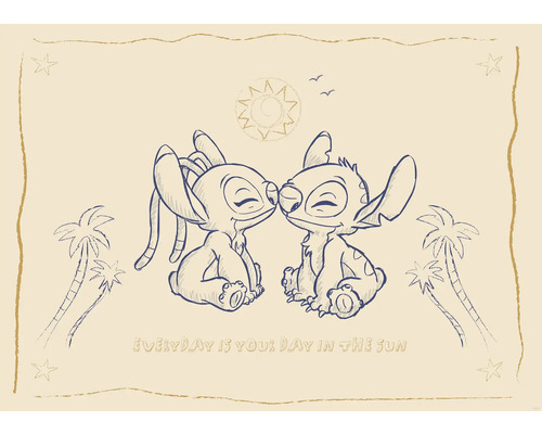 Illustration von zwei Figuren, die sich unter Palmen und einer Sonne gegenüberstehen, mit dem Text: Jeder Tag ist dein Tag in der Sonne