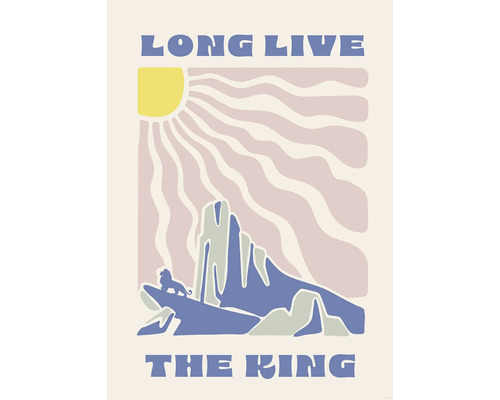 Poster Disney The Lion King Pride Rock 50x70 cm Illustration mit der Aufschrift ''Long Live The King'', einer Felsformation und einem Löwen