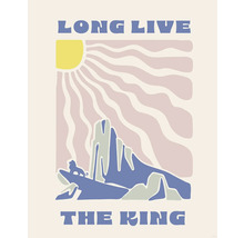 Illustration mit dem Titel Long Live The King, die einen Löwen auf einem Felsen unter einer Sonne zeigt