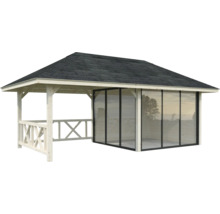 Pavillon de jardin avec clôture en bois et murs en verre