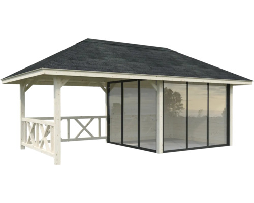 Pavillon de jardin avec clôture en bois et murs en verre