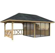 Pavillon en bois avec toit et portes coulissantes en verre