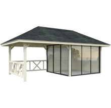 Pavillon avec parois coulissantes en verre et éléments en bois