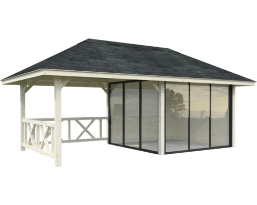 Pavillon avec parois coulissantes en verre et éléments en bois