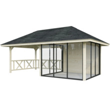 Pavillon en bois avec parois en verre et toit