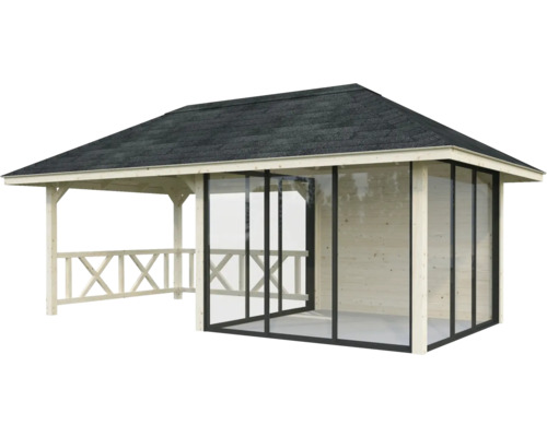 Pavillon en bois avec parois en verre et toit