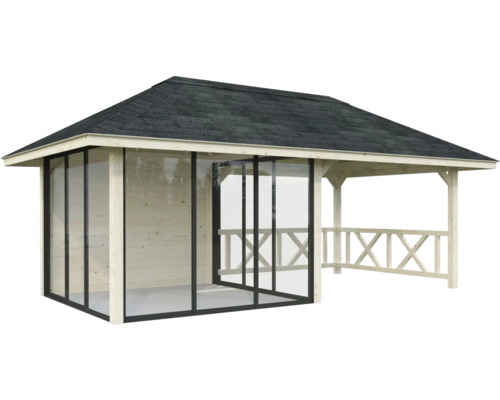 Pavillon de jardin avec parois coulissantes en verre et clôture en bois