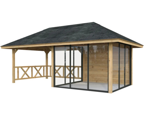 Pavillon de jardin en bois avec toit et parois transparentes