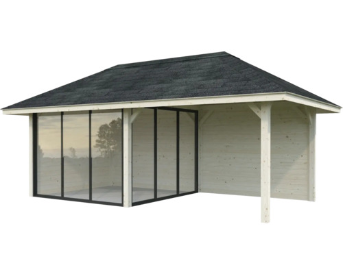 Maison de jardin en bois avec portes coulissantes et carton bitumé